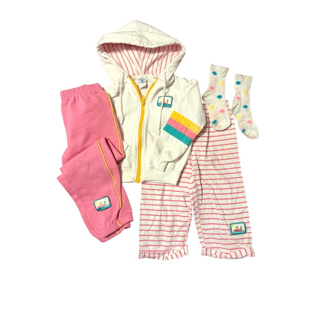 Vintage Hartstrings Girls 4pc Set Pink White Green Hoodie Sweatpants Socks 5 6